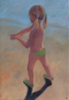 ''Niña en la playa'' Pintura contemporánea de una niña en la playa