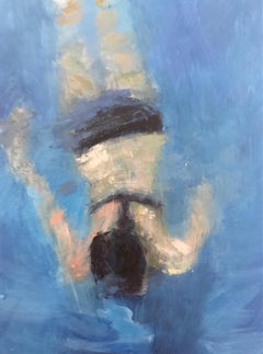 ''Swimming 1'' Contemporary Oil Painting in Blue of a Girl Swimming