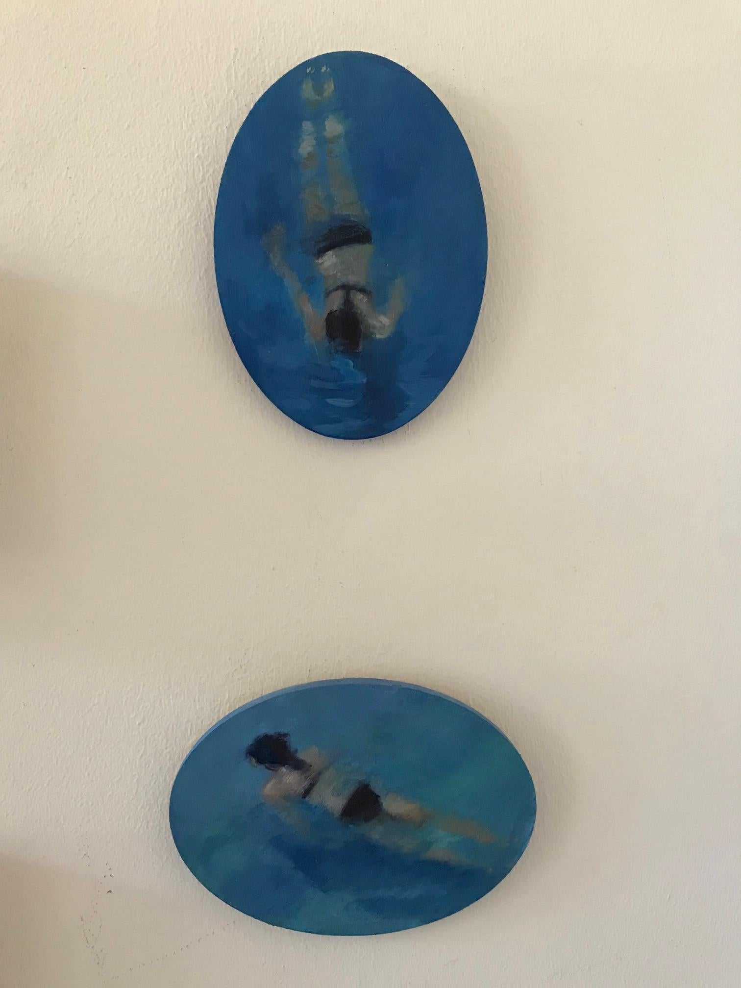 ''Swimming 1'' Contemporary Oil Painting in Blue of a Girl Swimming For Sale 1