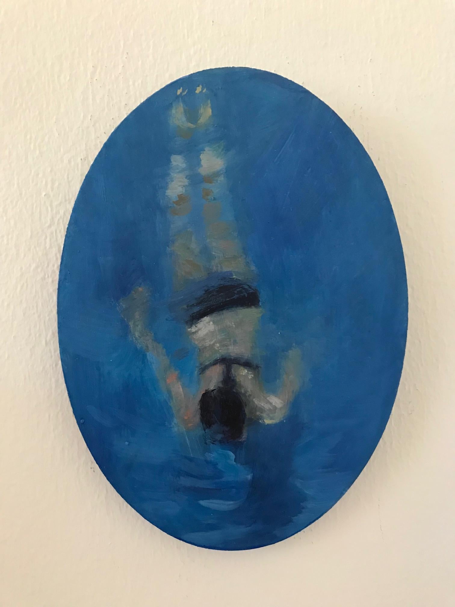 ''Swimming 1'' Contemporary Oil Painting in Blue of a Girl Swimming
