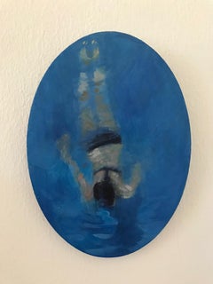 « Swimming 1 » - Peinture à l'huile contemporaine en bleu d'une fille nageant