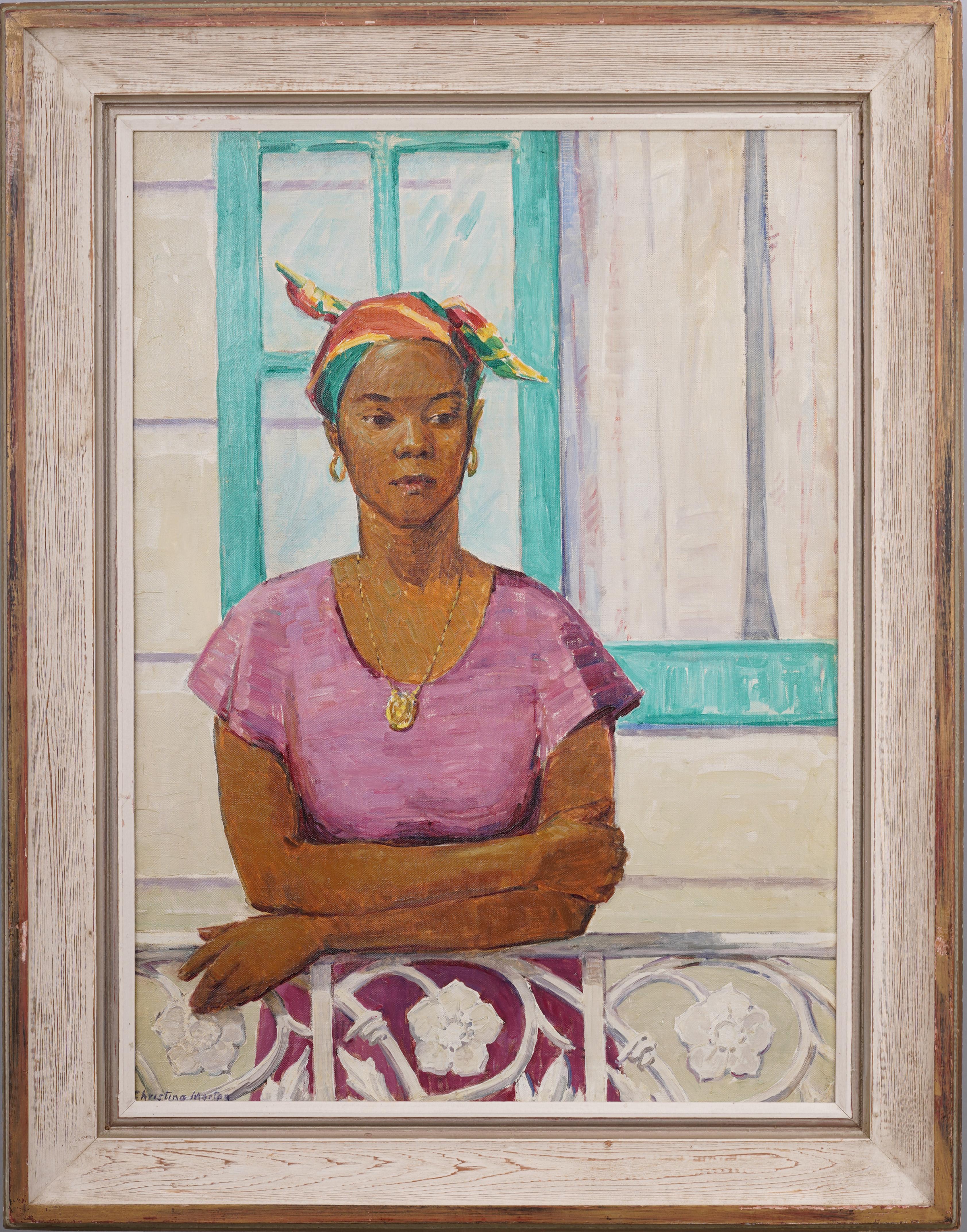 Christine Walters Martin (1895 - 1982)  Portrait Painting - Large Antique American Bahamian Young Woman Portrait Signed Rare Oil Painting