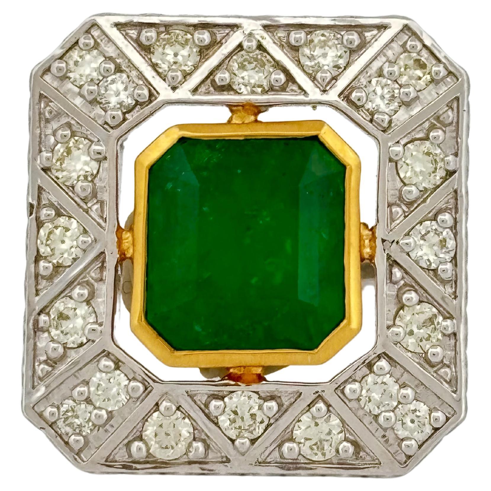 5.22 ct Colombian Emerald Art Deco Ring with Old Cut Diamonds in 18K Gold For Sale