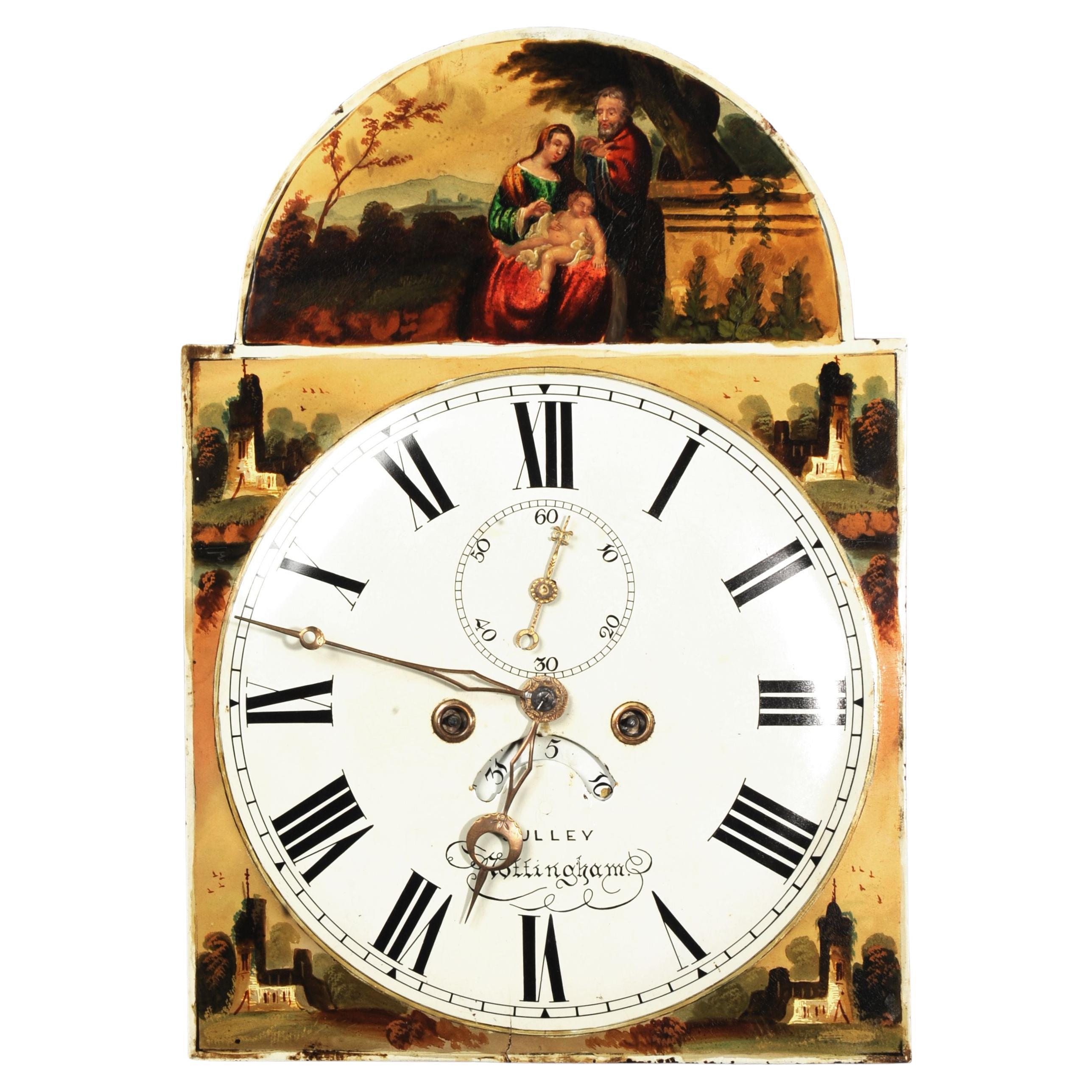 Antikes englisches Weihnachts-Uhr-Zifferblatt-Gesicht aus Eisen – seltenes Zifferblatt der Heiligen Familie – Arbeit