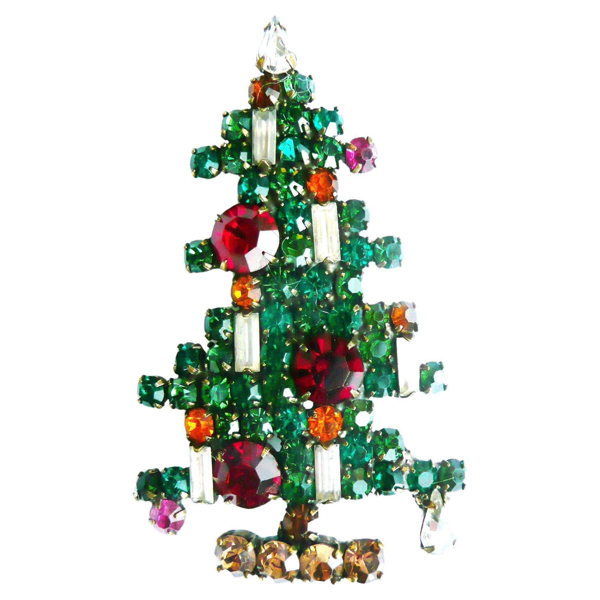 Christmas candle tree brooch by WEISS, 1940s USA, prong set rhinestones