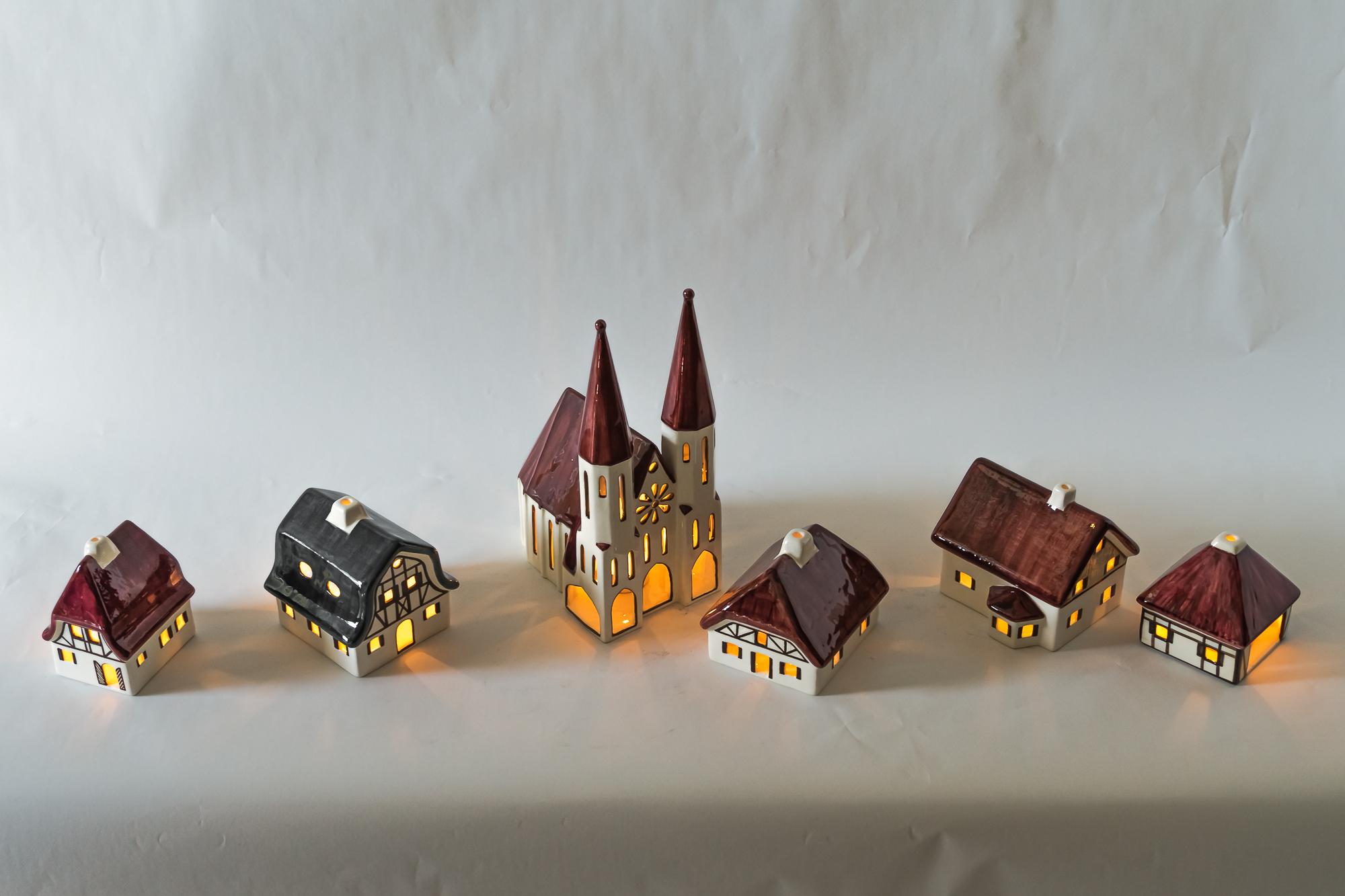 Christmas Ceramic Houses for Candle Light Deco in Shape of a Village Around 1970 For Sale 5