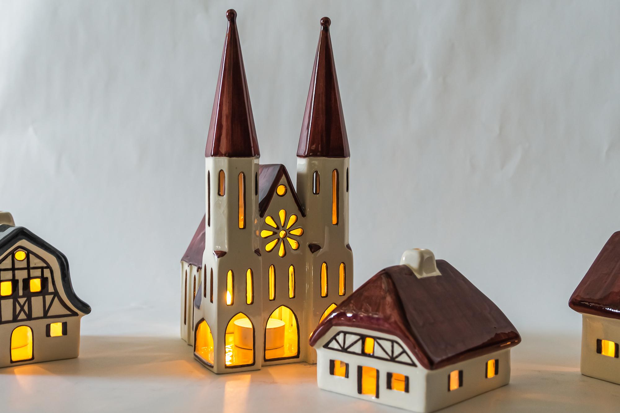 Christmas Ceramic Houses for Candle Light Deco in Shape of a Village Around 1970 For Sale 9