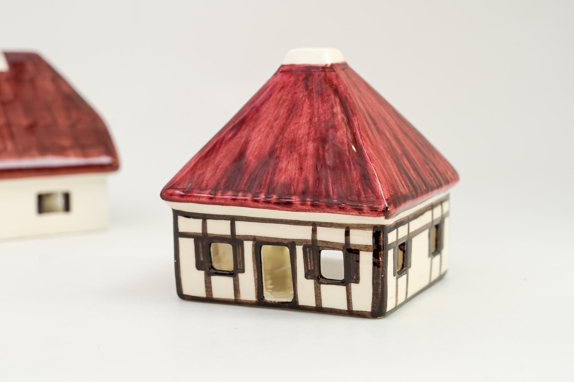 Art Deco Christmas Ceramic Houses for Candle Light Deco in Shape of a Village Around 1970 For Sale