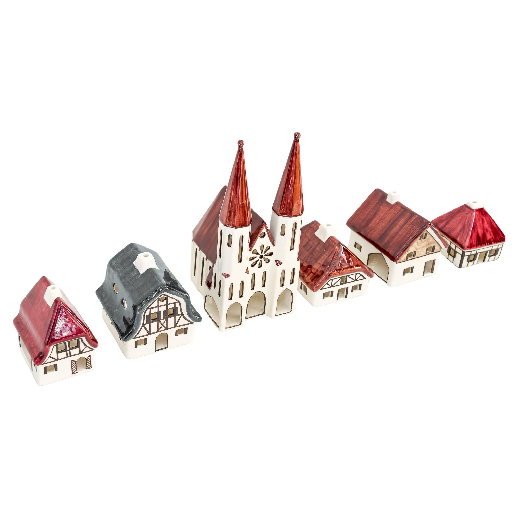 Christmas Ceramic Houses for Candle Light Deco in Shape of a Village Around 1970 For Sale