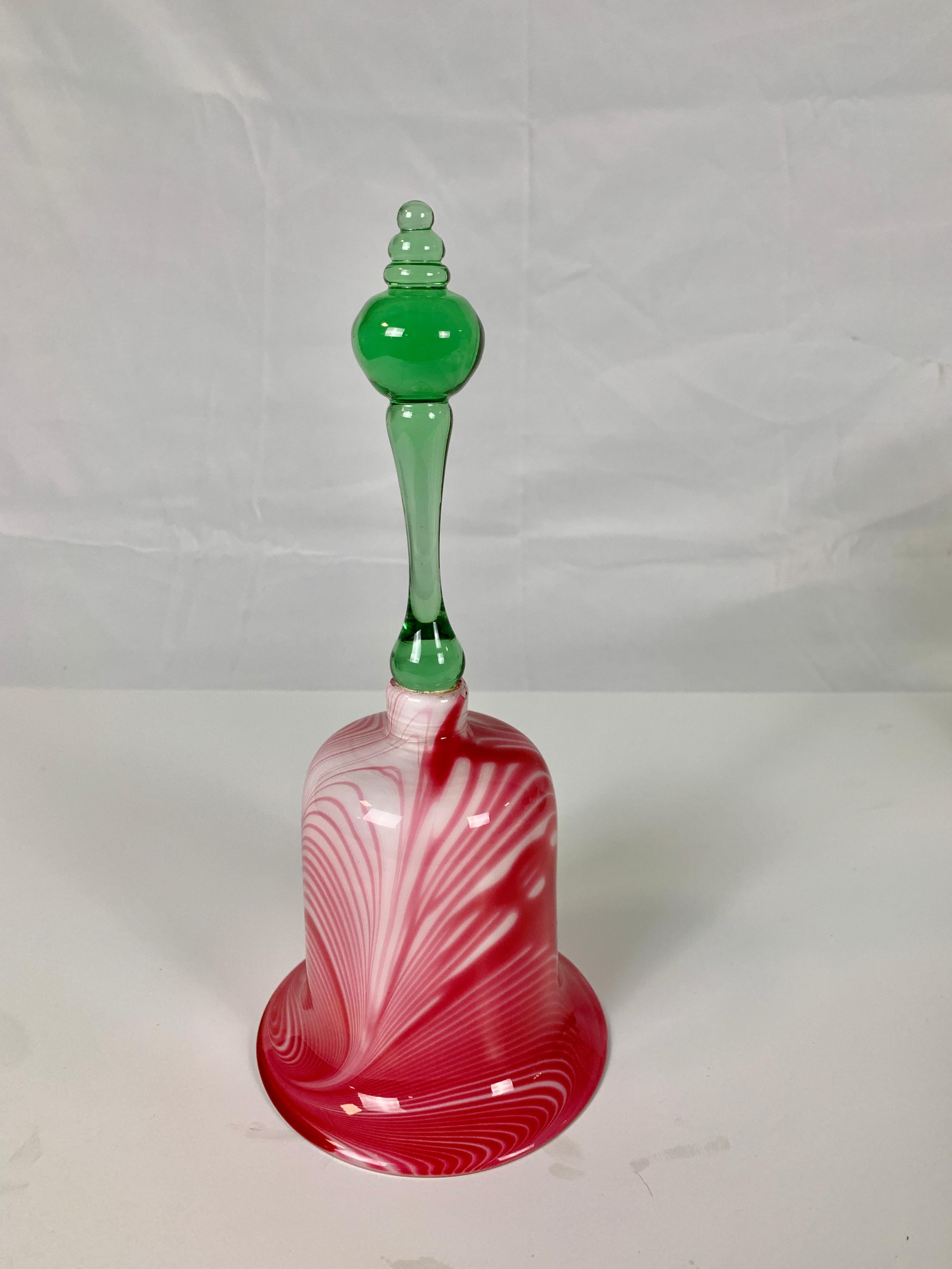 Hand-Crafted Christmas Bell Antique Nailsea Glass Bell Red & White with Green Handle c 1840