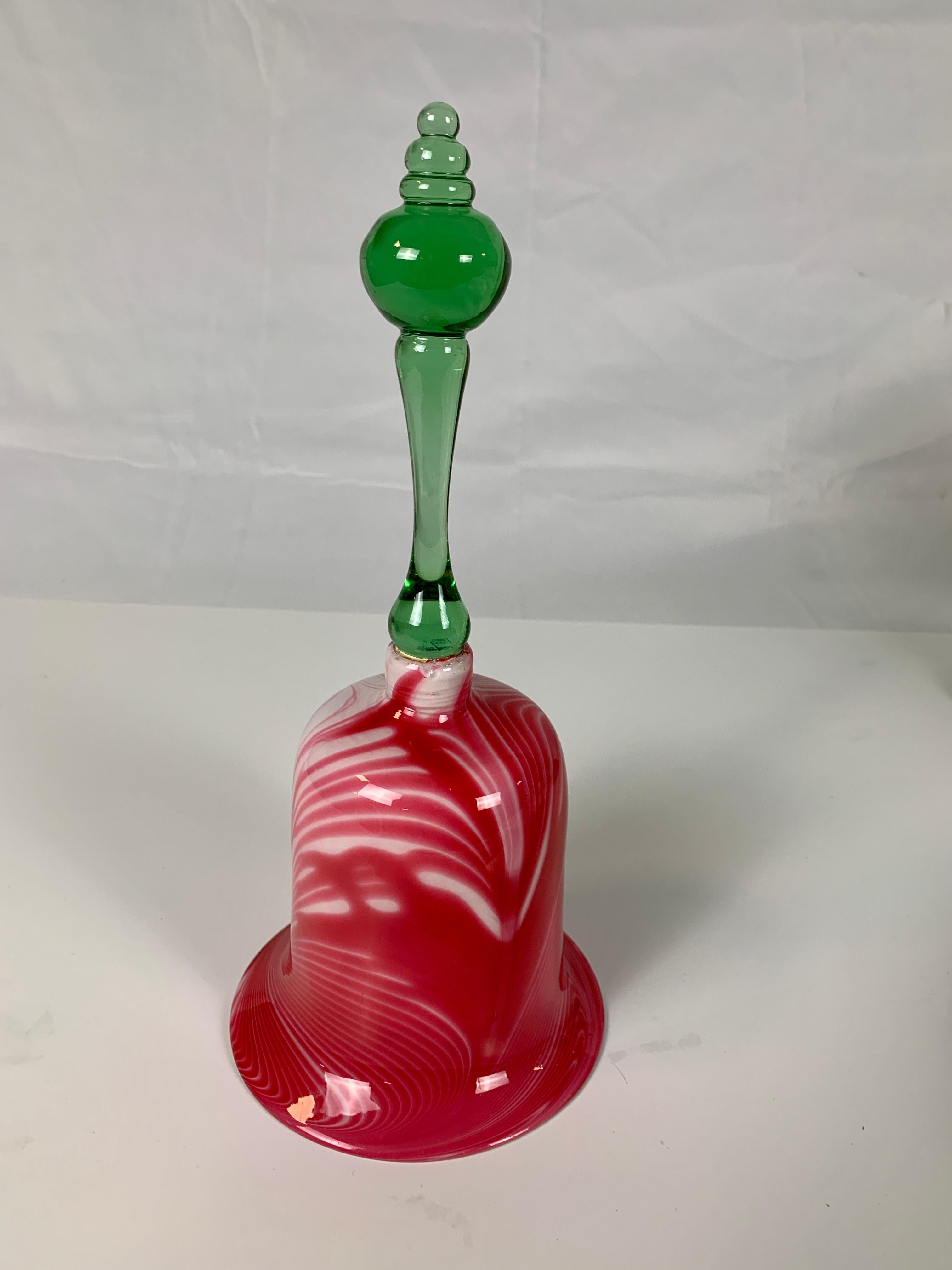 Christmas Bell Antique Nailsea Glass Bell Red & White with Green Handle c 1840 In Excellent Condition In Katonah, NY