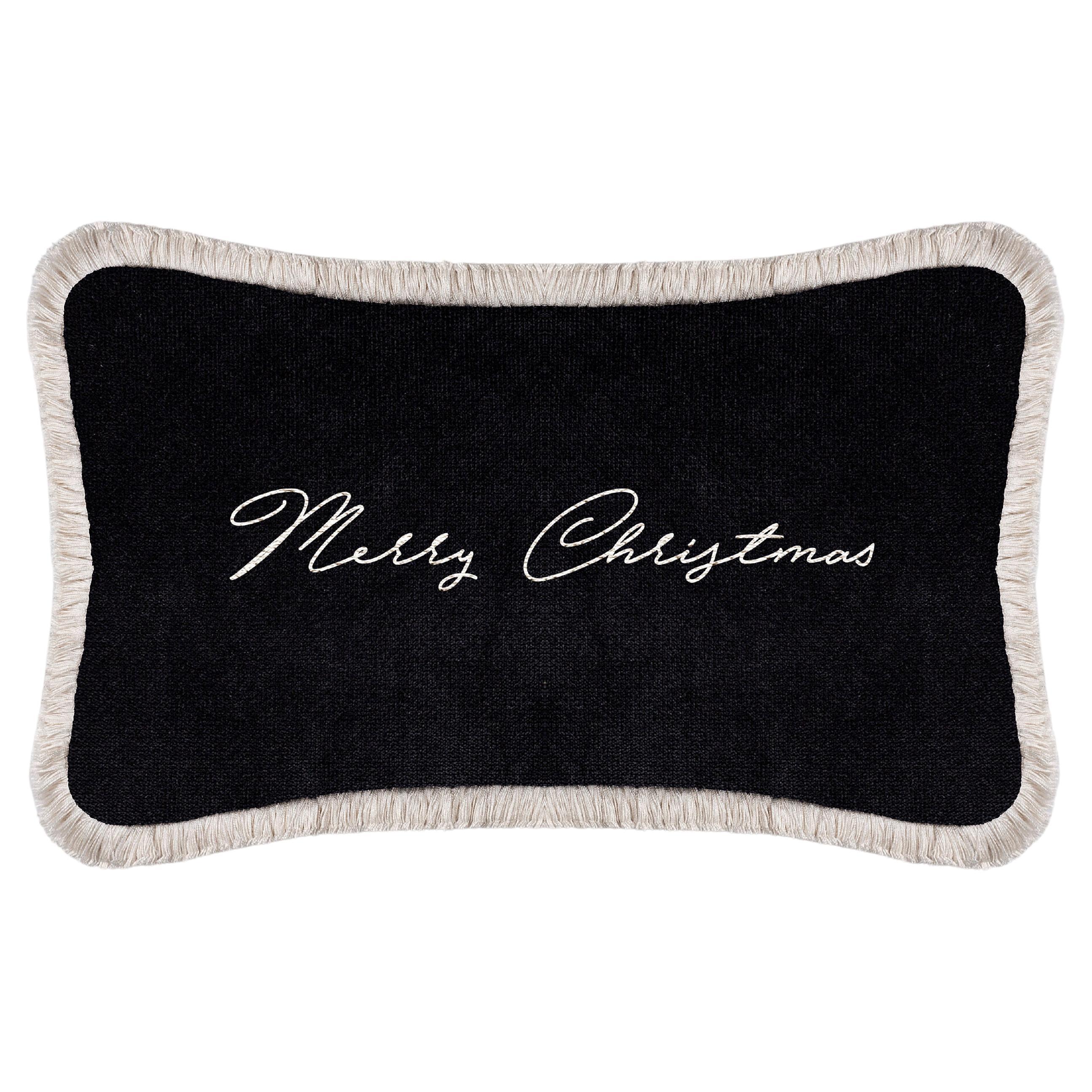 Coussin Joyeux Noël Velours noir et franges blanches