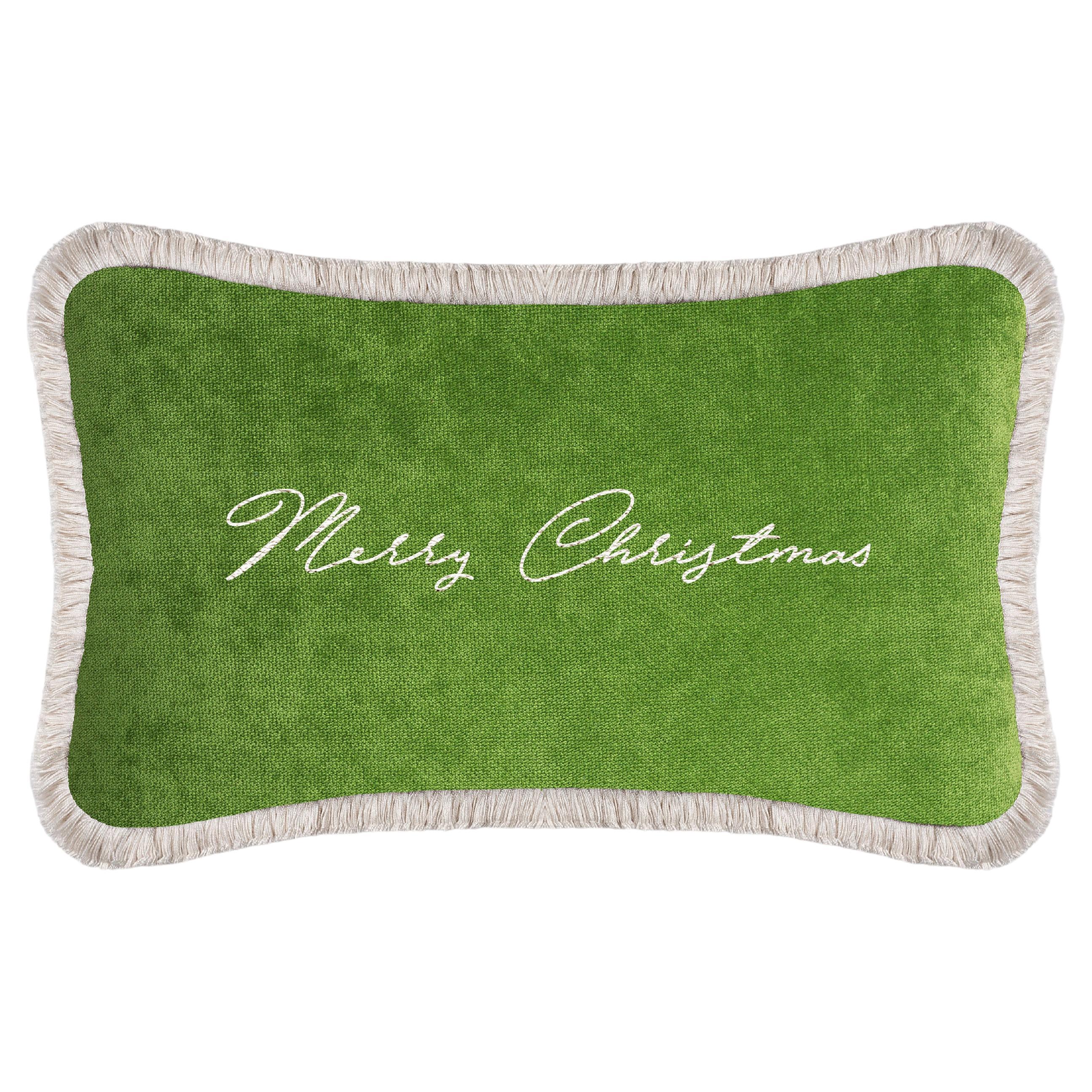 Christmas Happy Pillow Green Velvet and White Fringes For Sale