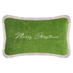 Christmas Happy Pillow Green Velvet and White Fringes