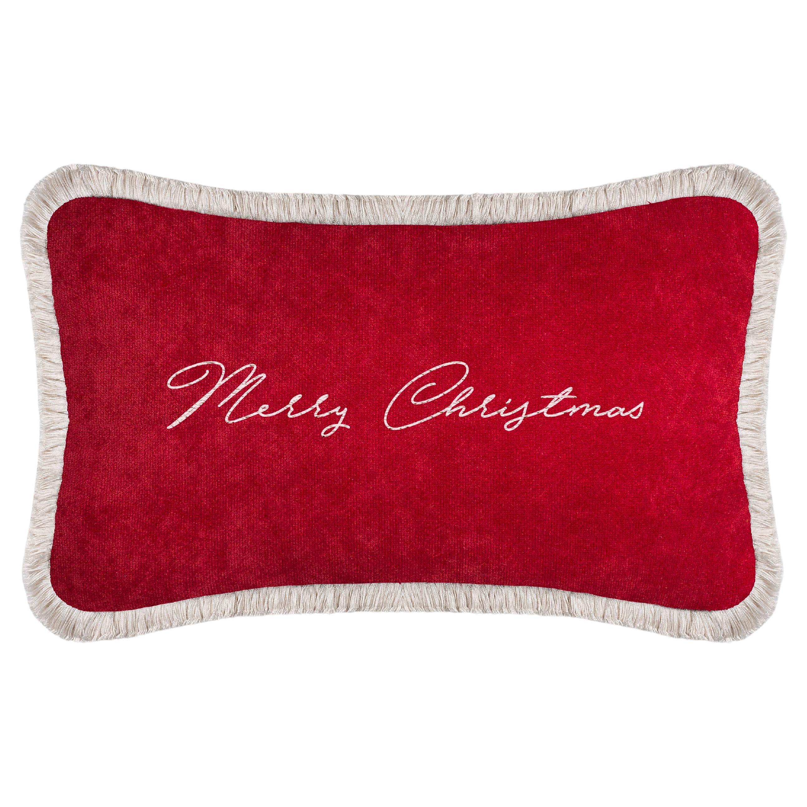 Christmas Happy Pillow Red Velvet and White Fringes For Sale