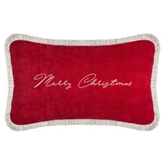 Christmas Happy Pillow Red Velvet and White Fringes
