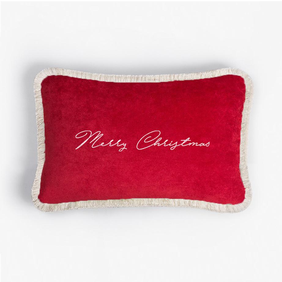 Weihnachts- Happy Pillow aus weißem Samt und schwarzen Fransen (Baumwolle) im Angebot