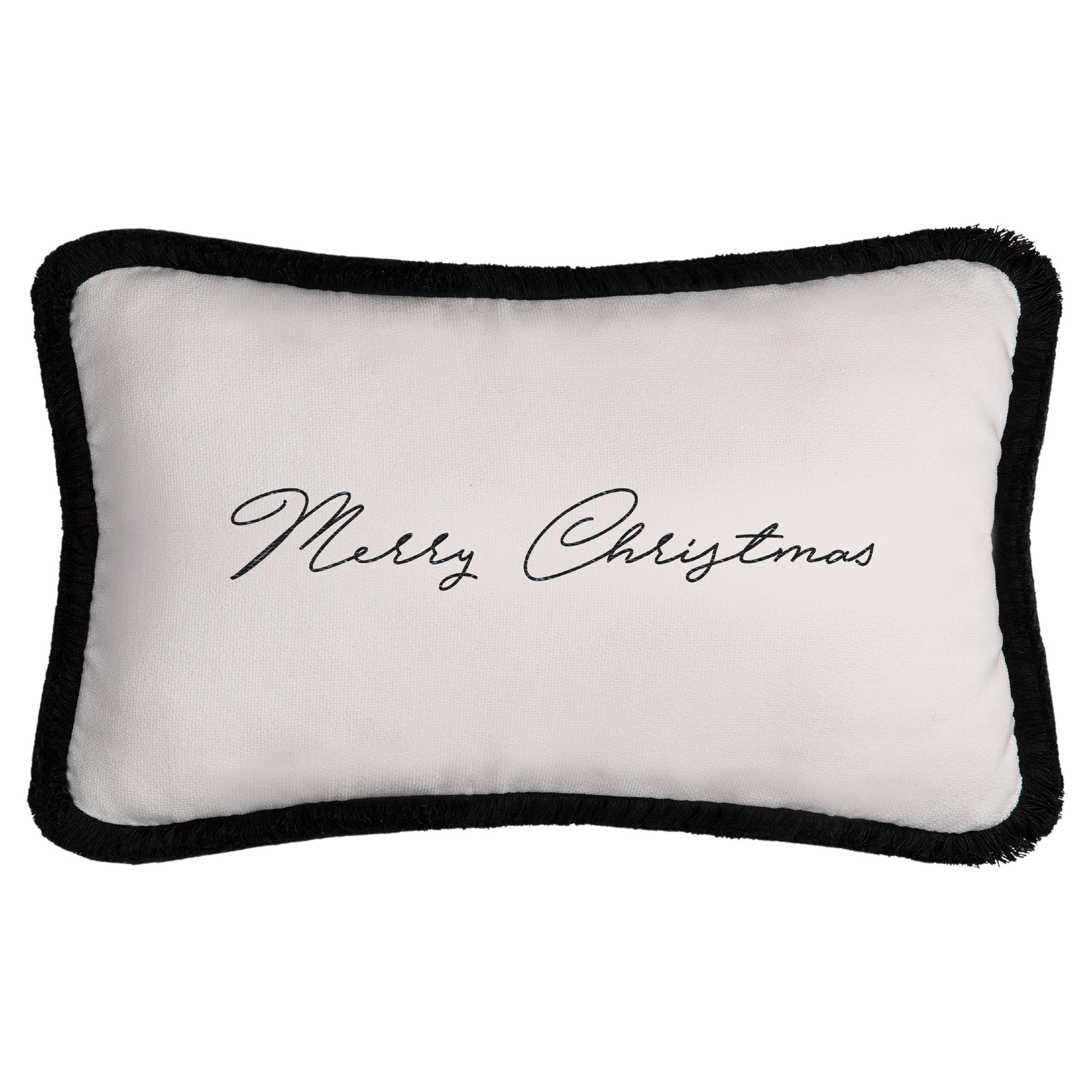 Weihnachts- Happy Pillow aus weißem Samt und schwarzen Fransen
