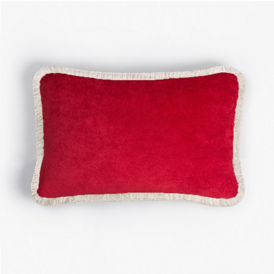 Hand-Crafted Christmas Happy Pillow White Velvet and White Fringes For Sale
