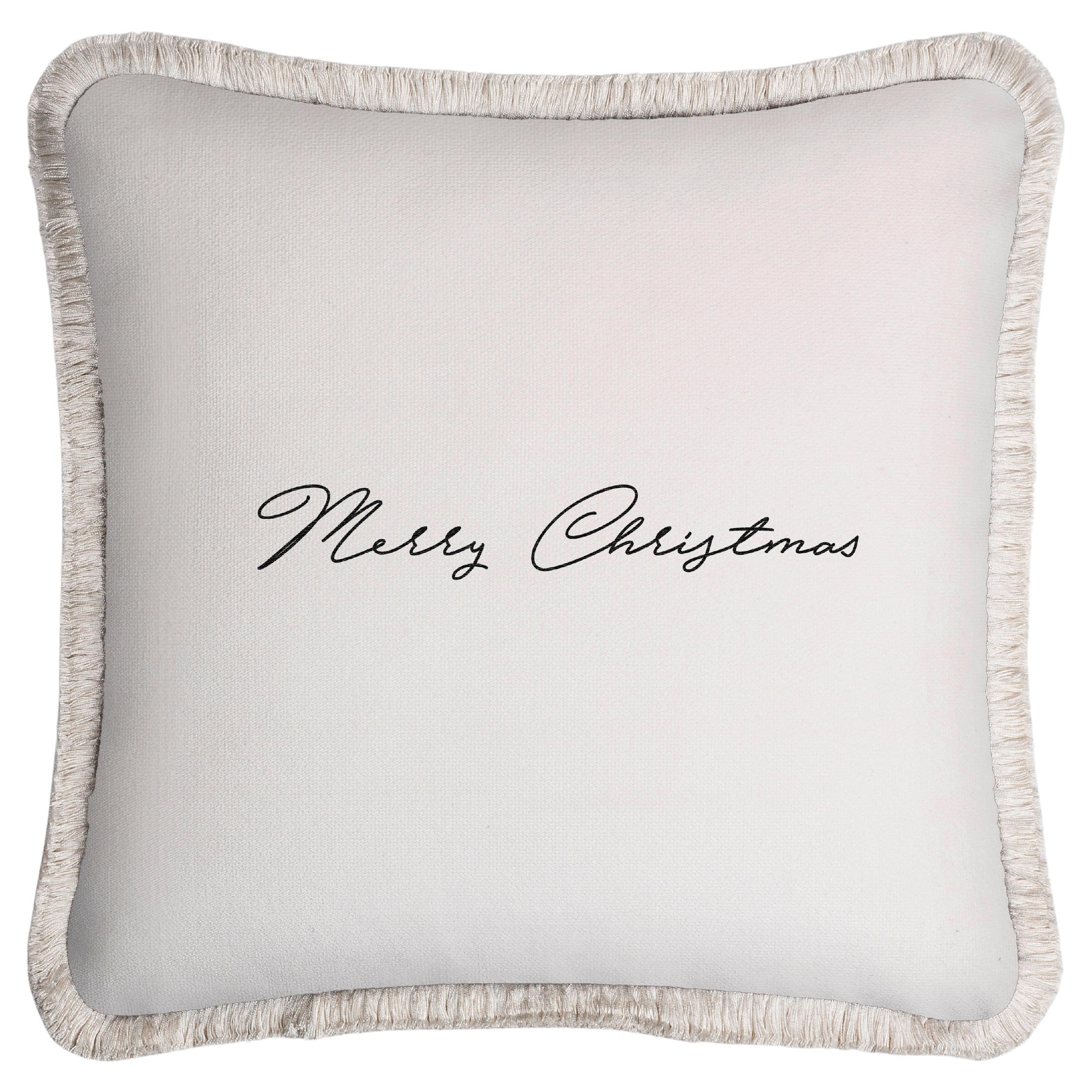 Weihnachts- Happy Pillow aus weißem Samt und weißen Fransen