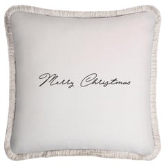 Christmas Happy Pillow White Velvet and White Fringes