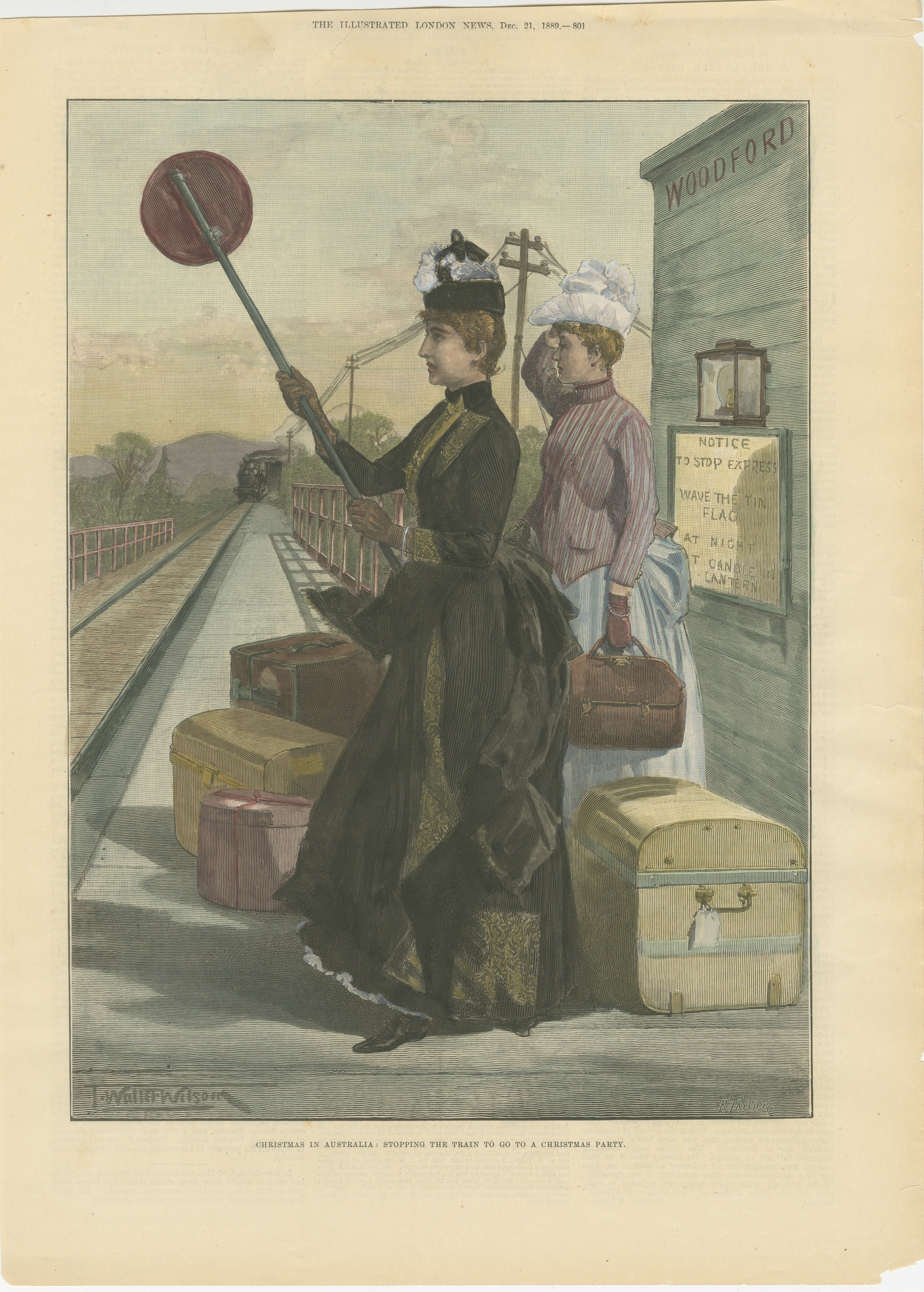 Christmas in Australia: Stopping the Train for a Christmas Party, 1889  

This hand-colored wood engraving, published in *The Illustrated London News* on December 21, 1889, offers a charming glimpse into Victorian-era Australian life during the