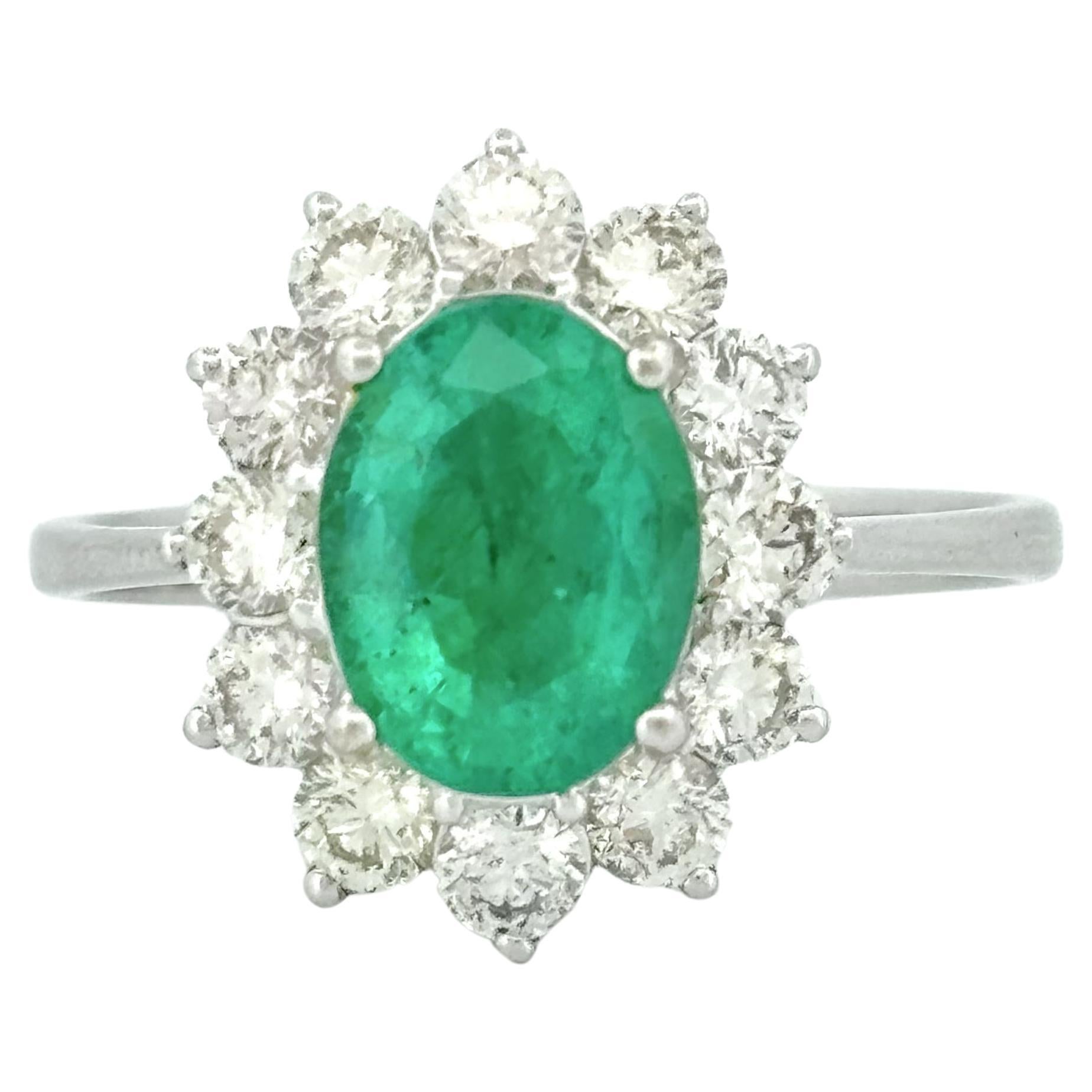 1.64 Ct Vivid Green Zambian Emerald with Halo Diamonds 18K White Gold Ring For Sale