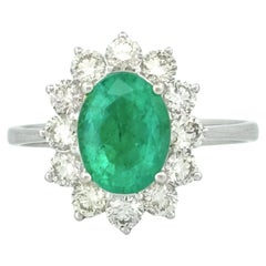 1.64 Ct Vivid Green Zambian Emerald with Halo Diamonds 18K White Gold Ring