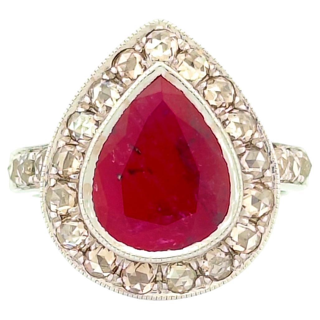 Unheated 2.8 Ct Pear Ruby & Rose Cut Diamonds studded Art Deco Statement Ring For Sale