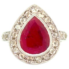 Unheated 2.8 Ct Pear Ruby & Rose Cut Diamonds studded Art Deco Statement Ring