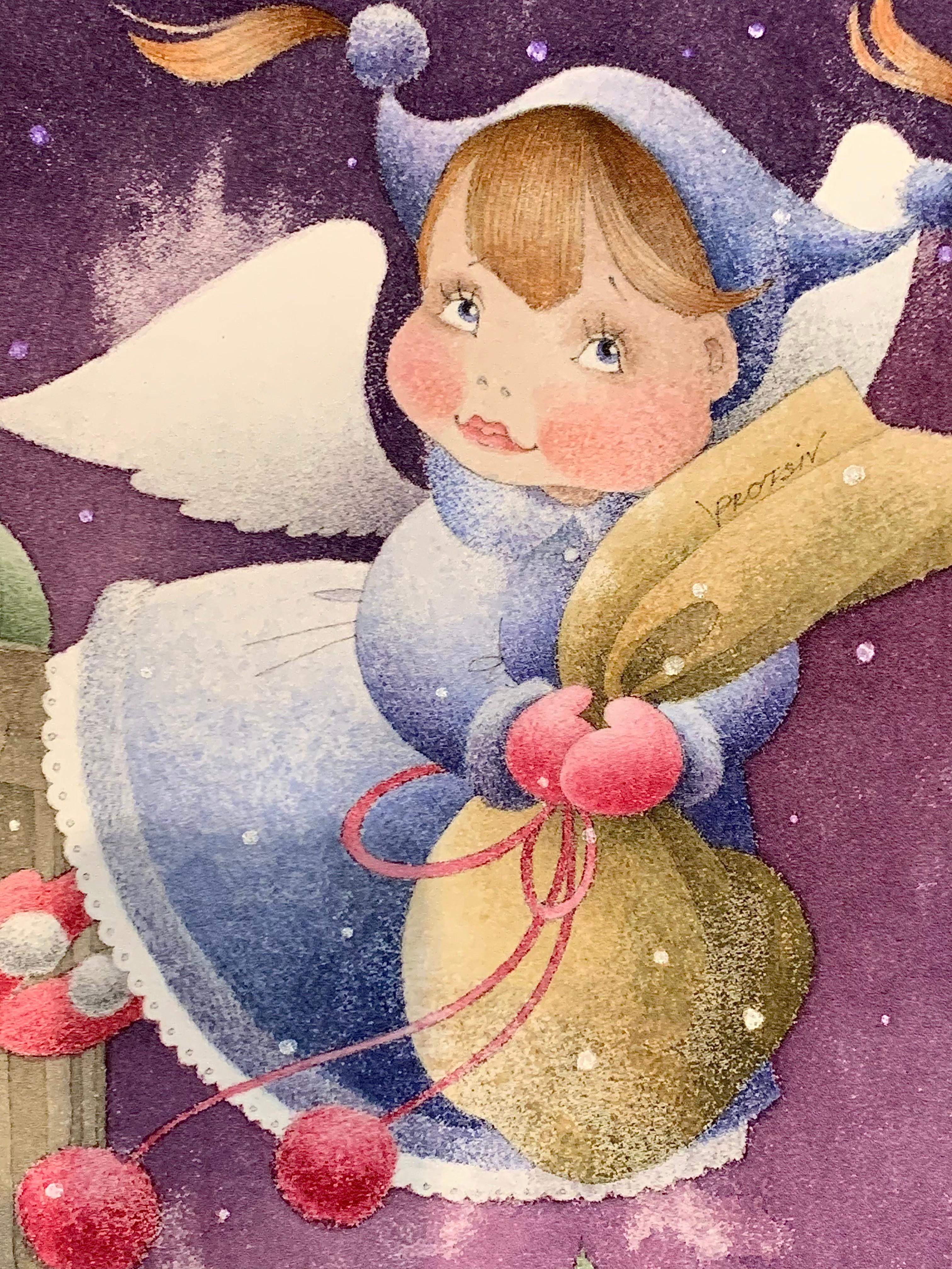 A beautiful and cheerful angel is hovering acoss the roofs of Lviv in front of a changing purple night sky, surrounded by snow flakes and polar lights. 
She is holding a bag full of presents and promise.
Viktoriya Protsiv was born in 1983 in Lviv,
