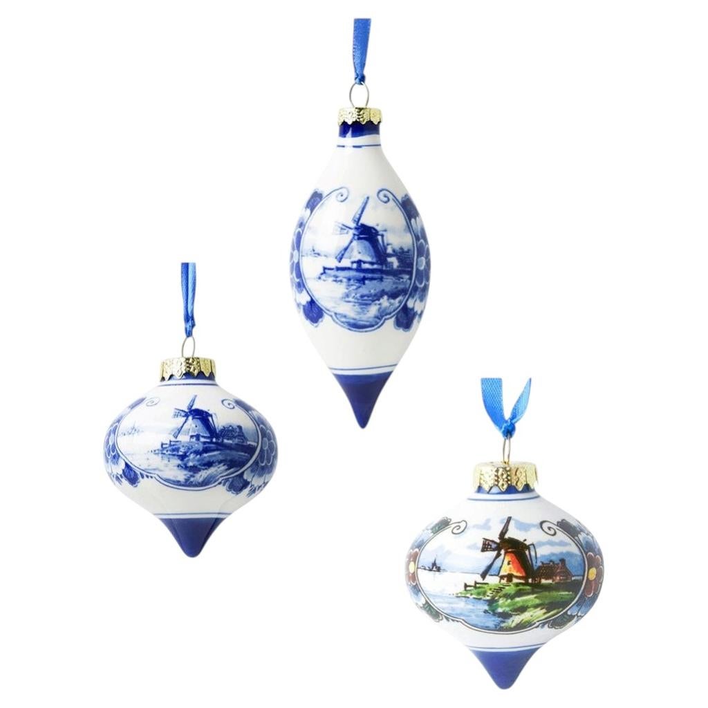 Christmas set ceramic cone and drop balls with Windmills landscape For Sale