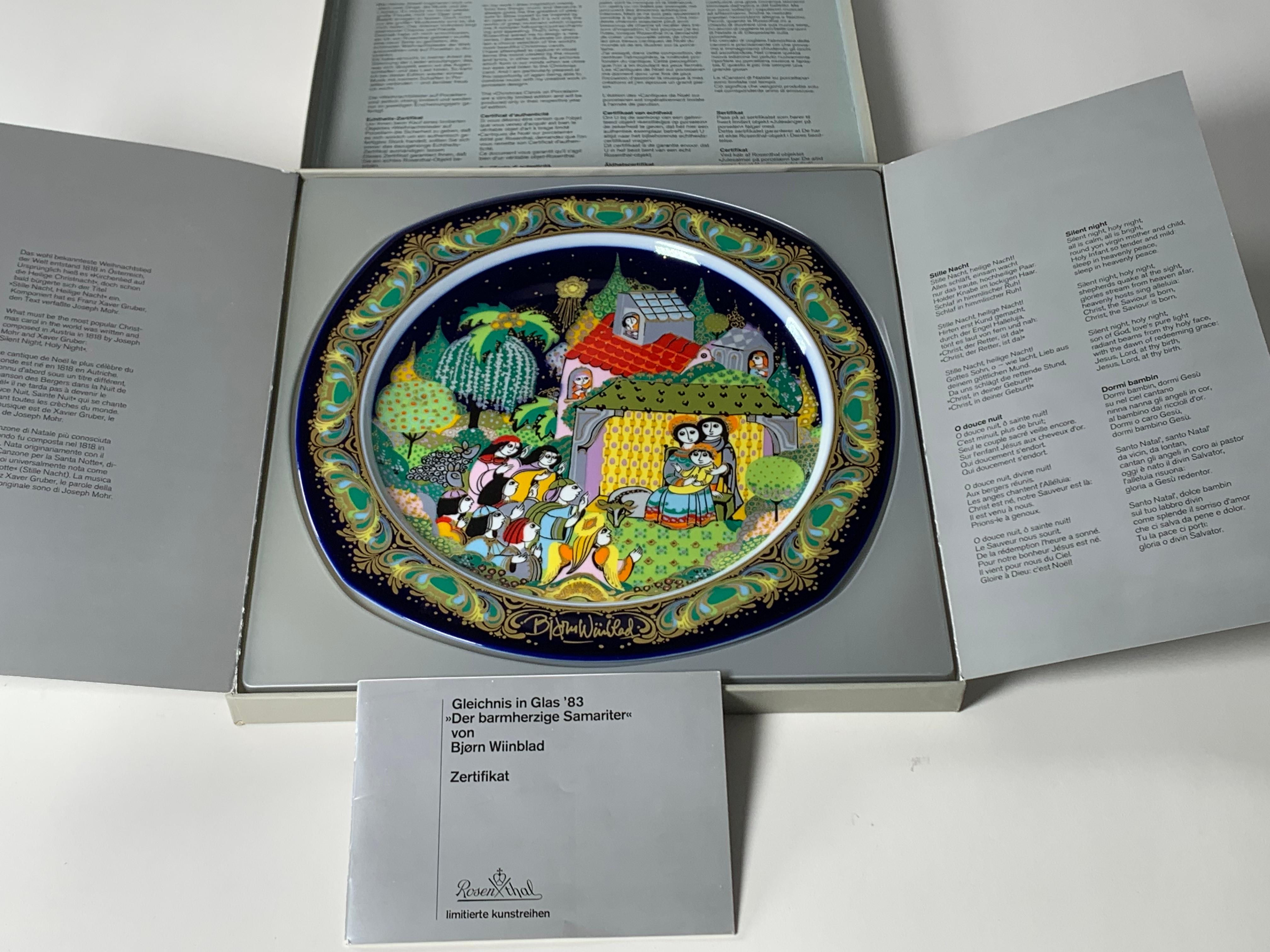 Porcelain Christmas plate from 1983 by Bjorn Wiinblad made by the German manufacturer Rosenthal. The dish is titled “Silent night”. When Rosenthal asked the Danish artist to illustrate a new series of dishes, he decided to choose the most beautiful