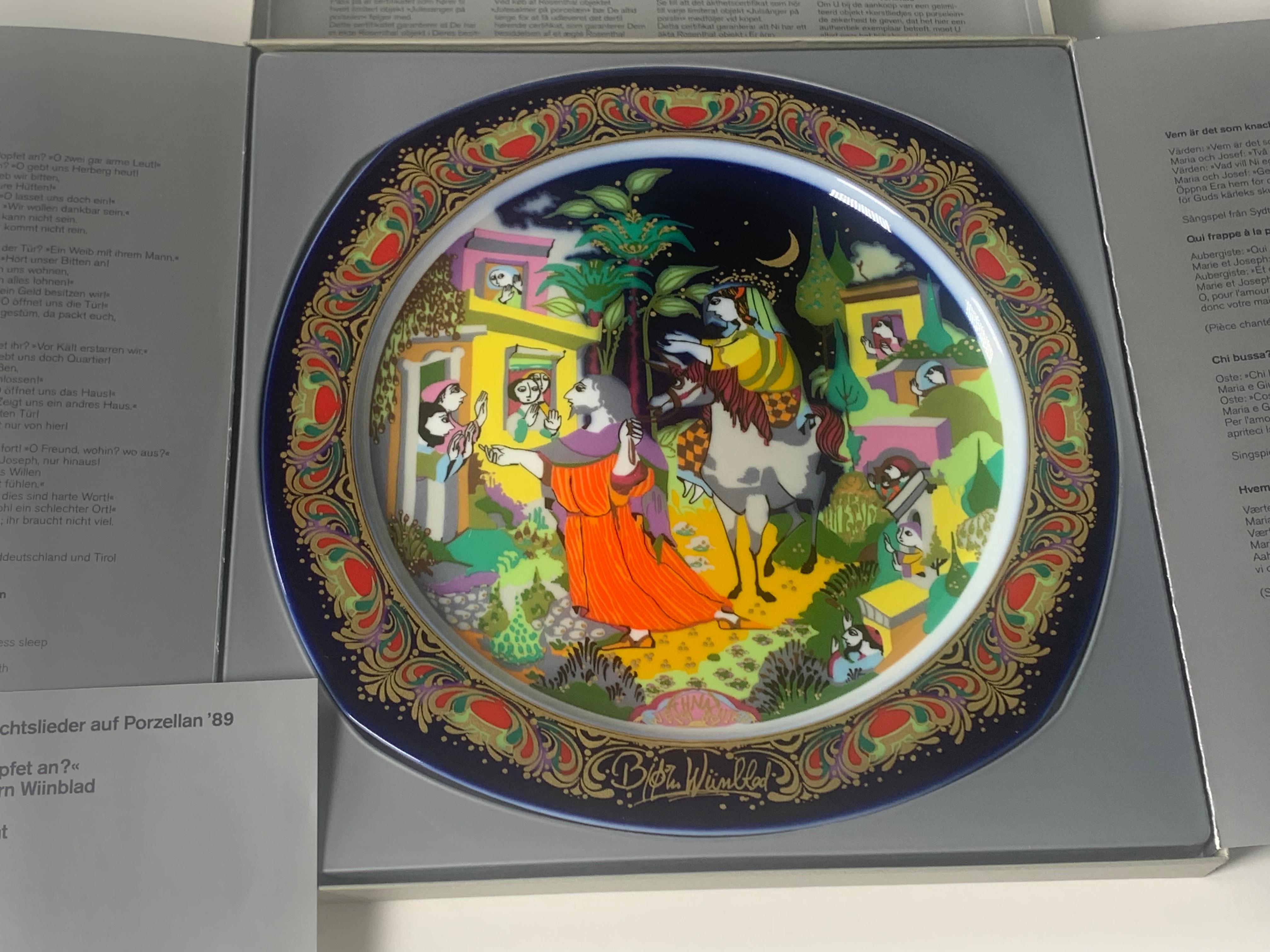 Porcelain Christmas plate from 1989 by Bjorn Wiinblad made by the German manufacturer Rosenthal. The dish is titled “O Little Town of Bethlehem” and is reason no. 7 of the series. When Rosenthal asked the Danish artist to illustrate a new series of