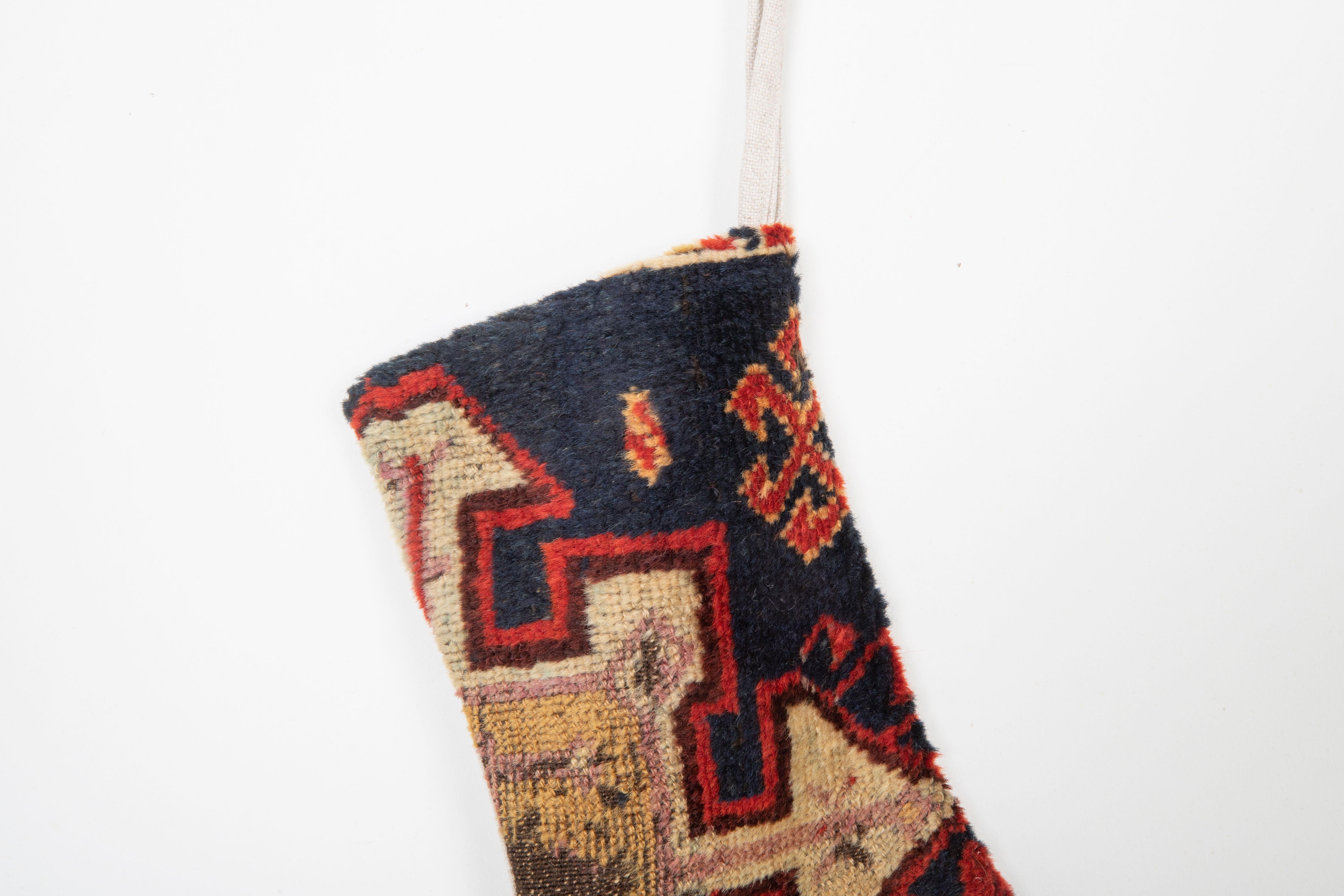 Christmas Stocking Made from Anatolian Rug Fragments In Fair Condition For Sale In Istanbul, TR