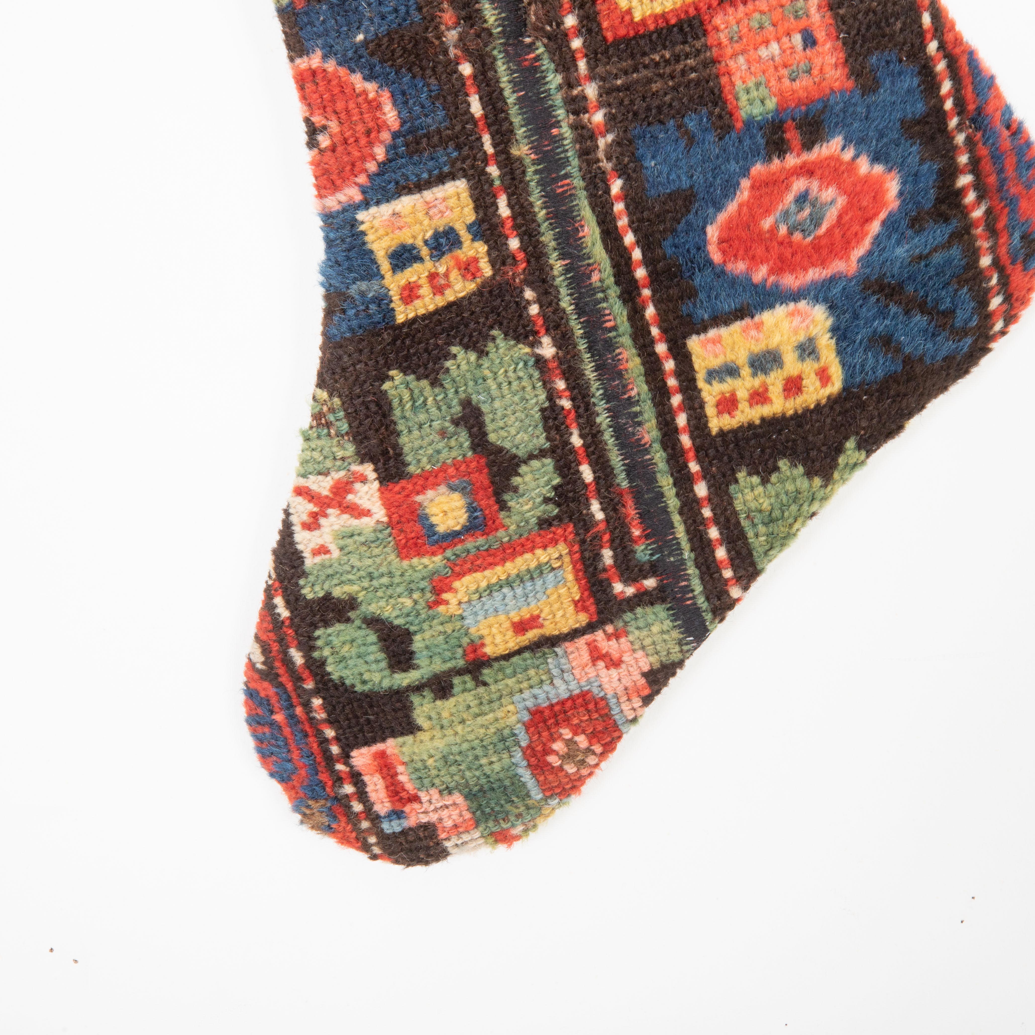 Hand-Knotted Christmas Stocking Made from Caucasian Rug Fragments For Sale