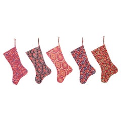Set of 5 Christmas Stocking Made from Russian RollerPrinted Textiles from 1960s