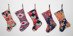 Set of 5 Christmas Stocking Made from Russian Roller Printed Texiles from 1960s