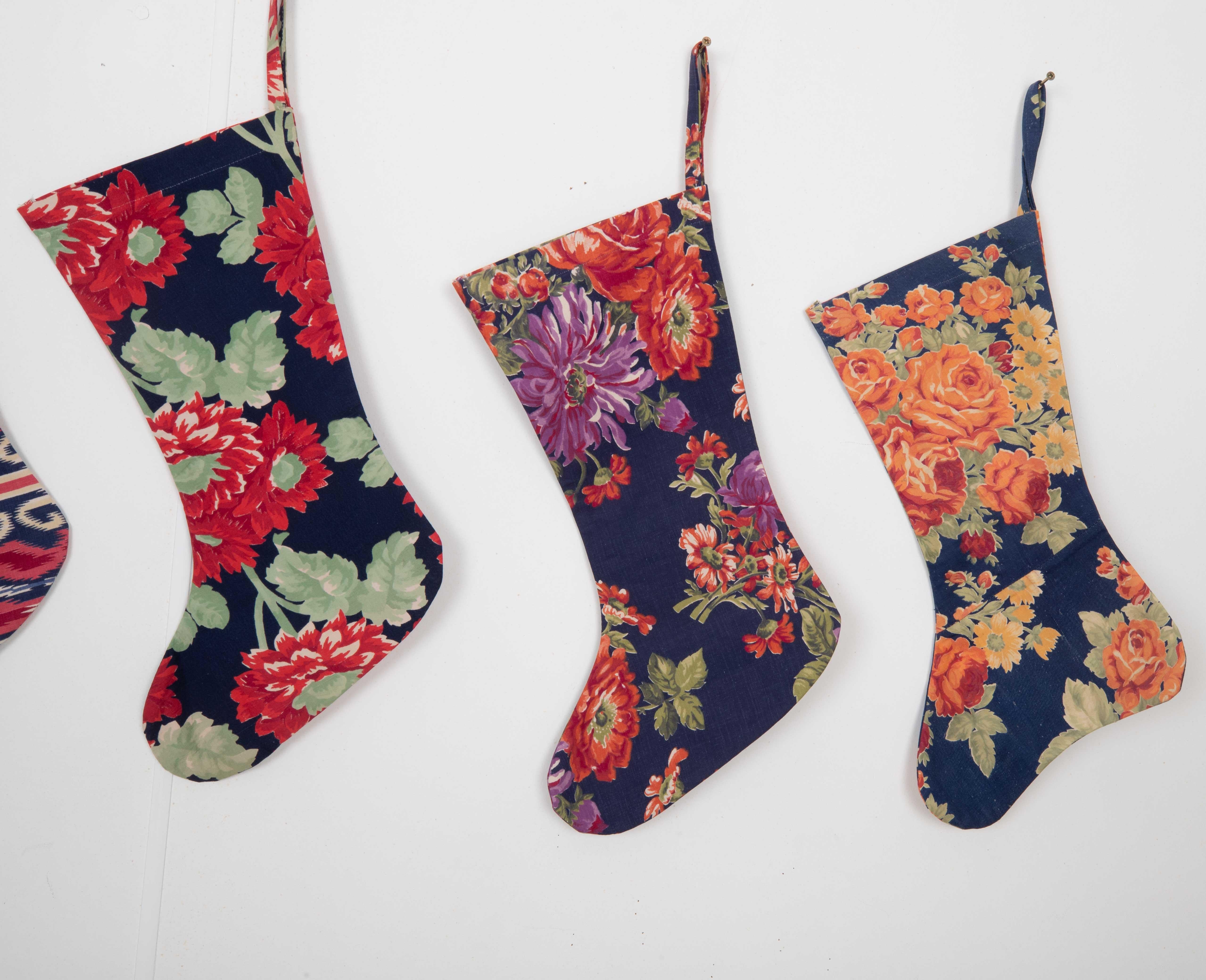 Woven Set of 5 Christmas Stocking Made from Russian Roller Printed Texiles from 1960s  For Sale