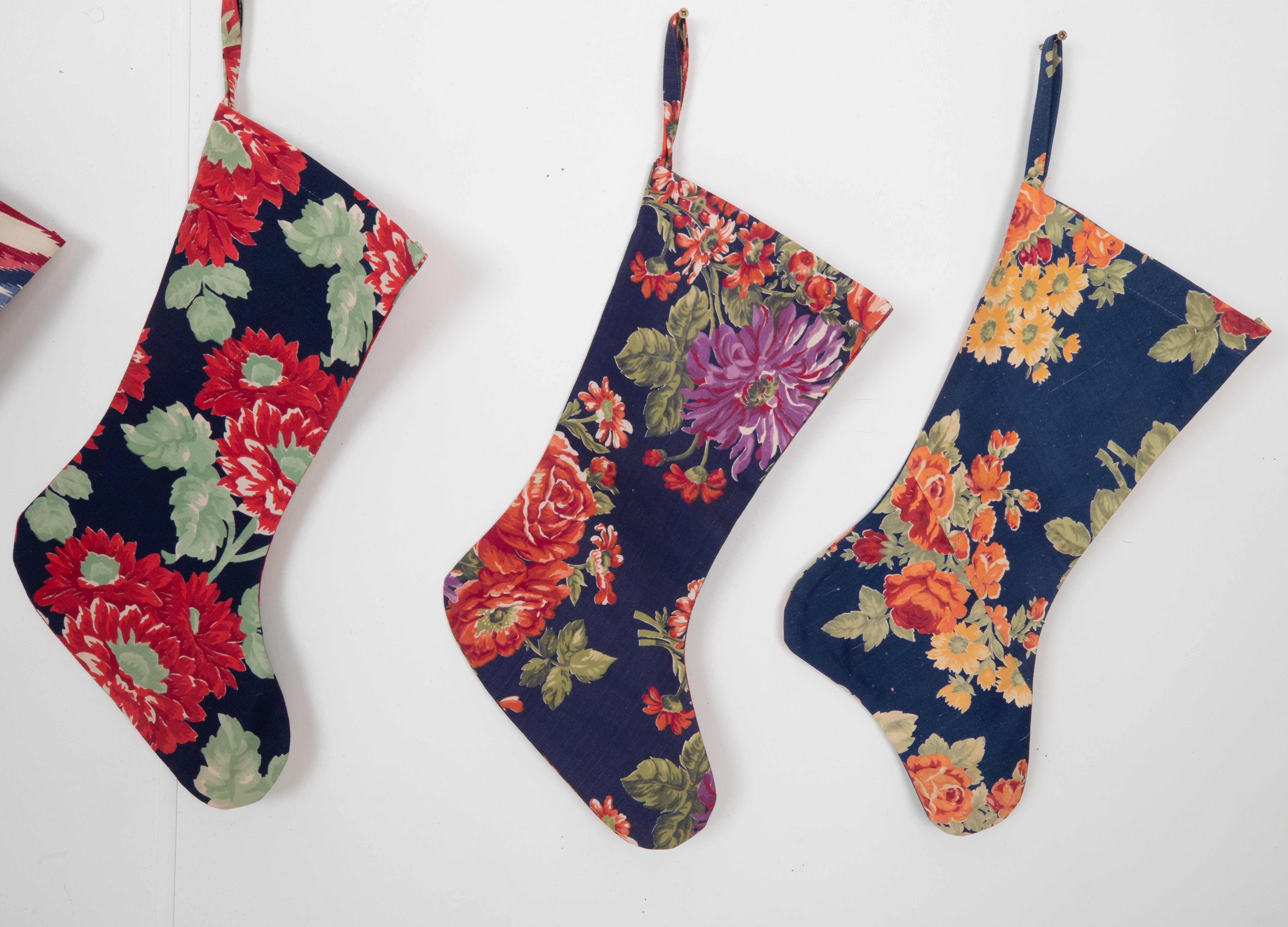 Cotton Set of 5 Christmas Stocking Made from Russian Roller Printed Texiles from 1960s  For Sale