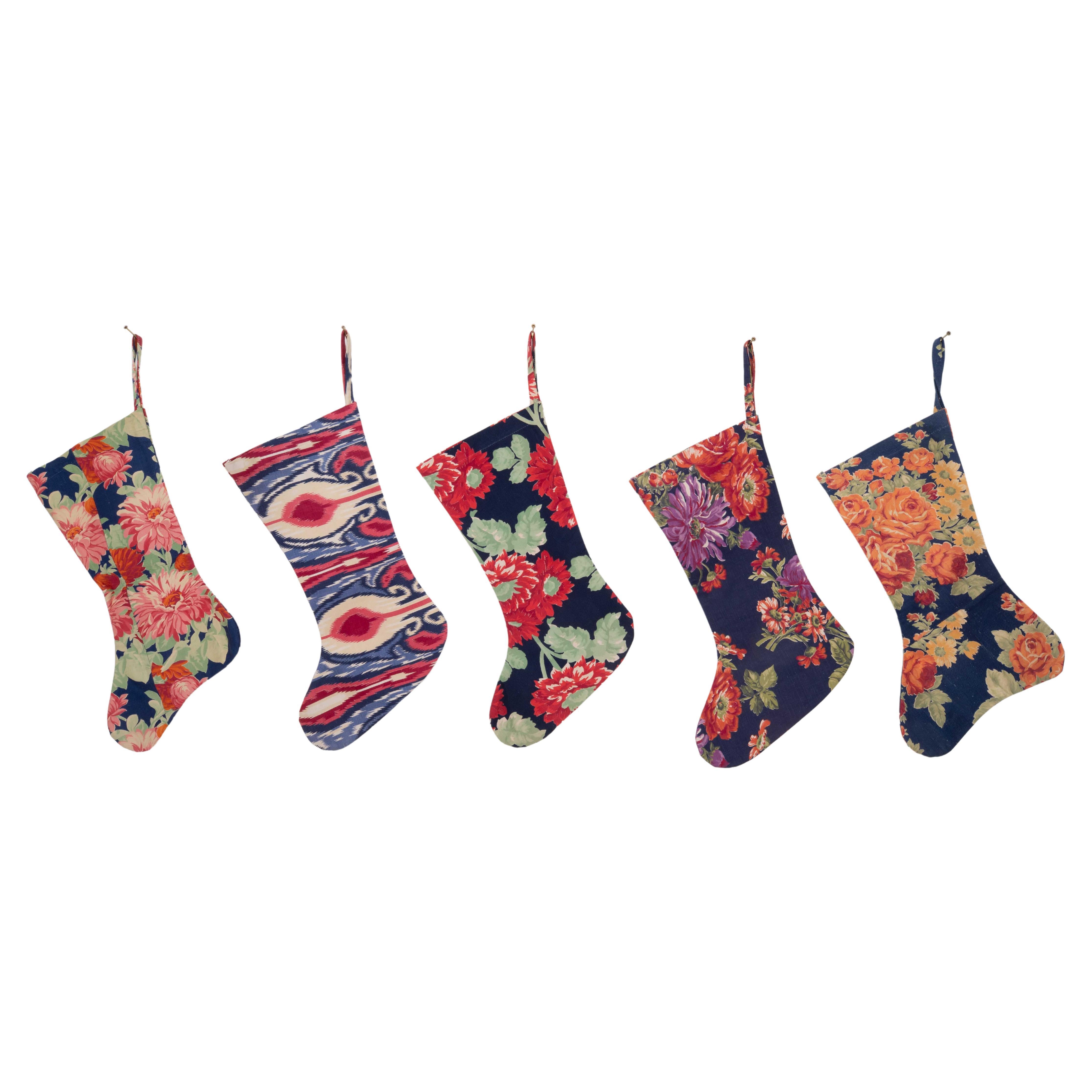 Set of 5 Christmas Stocking Made from Russian Roller Printed Texiles from 1960s  For Sale