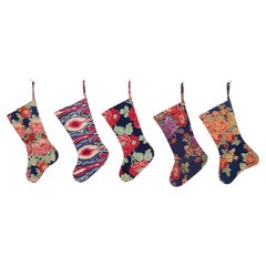 Set of 5 Christmas Stocking Made from Russian Roller Printed Texiles from 1960s 