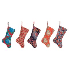Set of 5 Christmas Stocking Made from Russian RollerPrinted Textiles from 1960s 