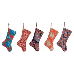 Set of 5 Christmas Stocking Made from Russian RollerPrinted Textiles from 1960s
