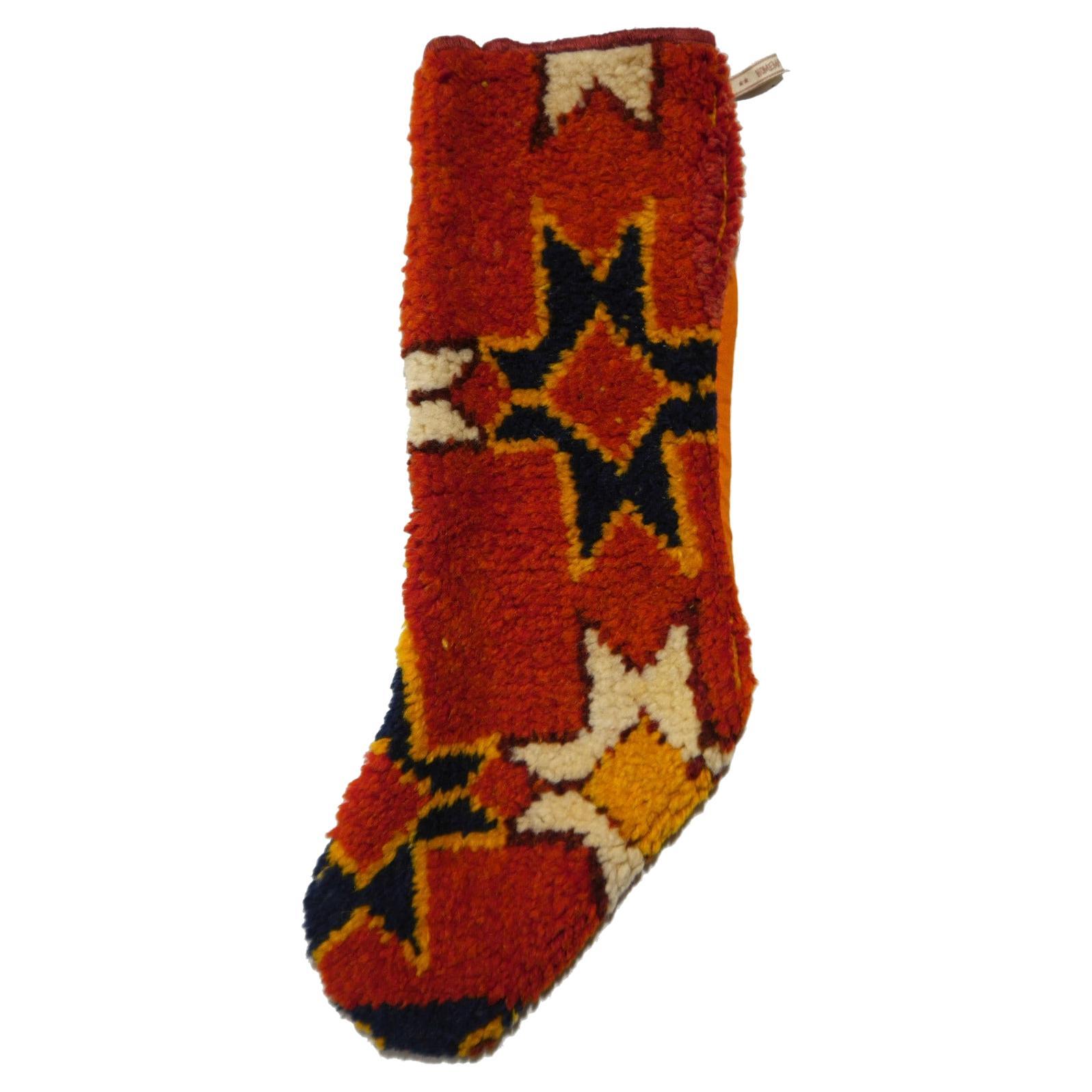 Christmas Stocking One of a Kind Made of 1970s Moroccan Berber Vitnage Rug For Sale