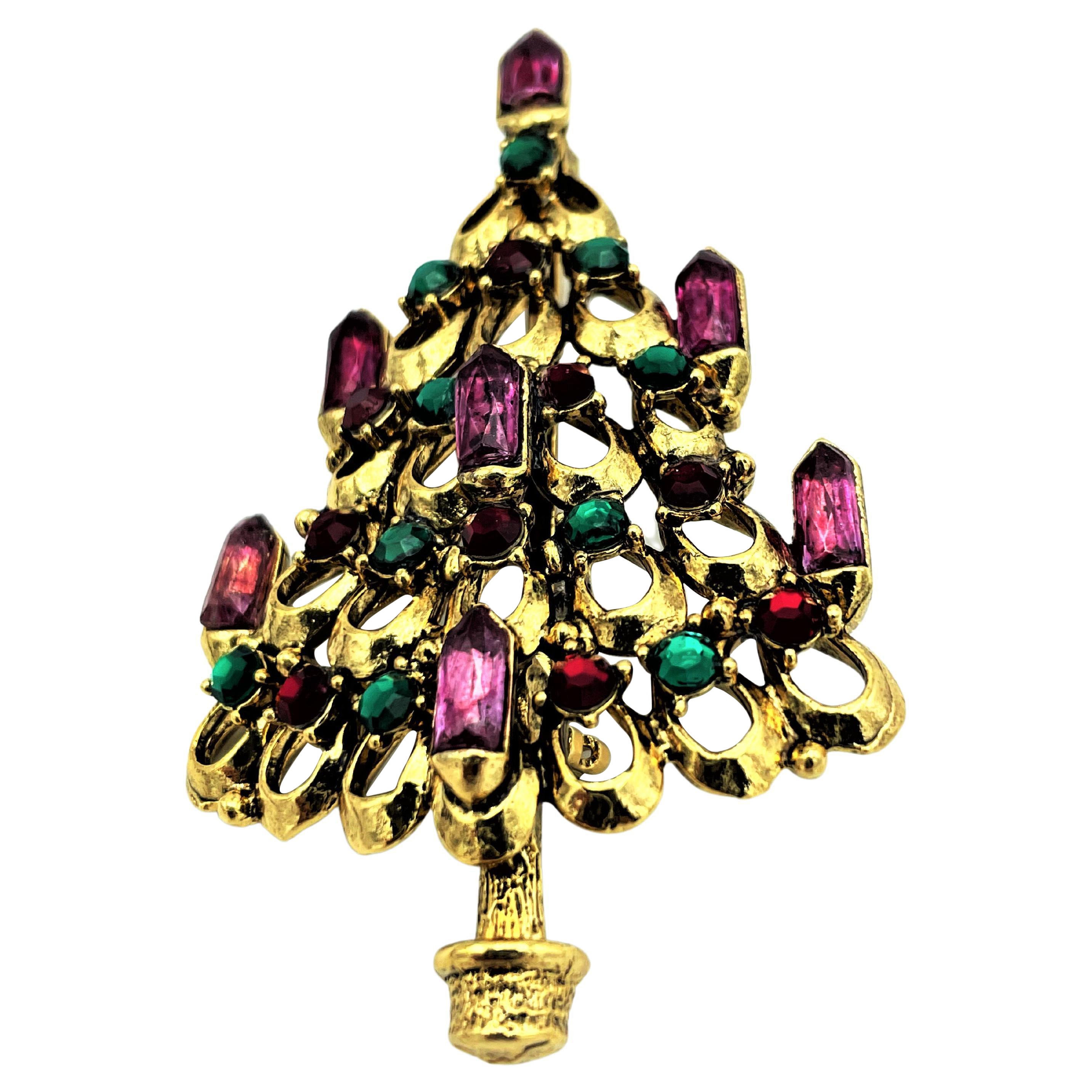 Weihnachtsbaumbrosche von Hollycraft USA, Strasssteine, Zackenfassung, 1960er Jahre