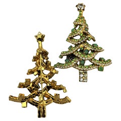 Dorothy Bauer Gold Plated Christmas Tree Brooch, Rhinestone Accents