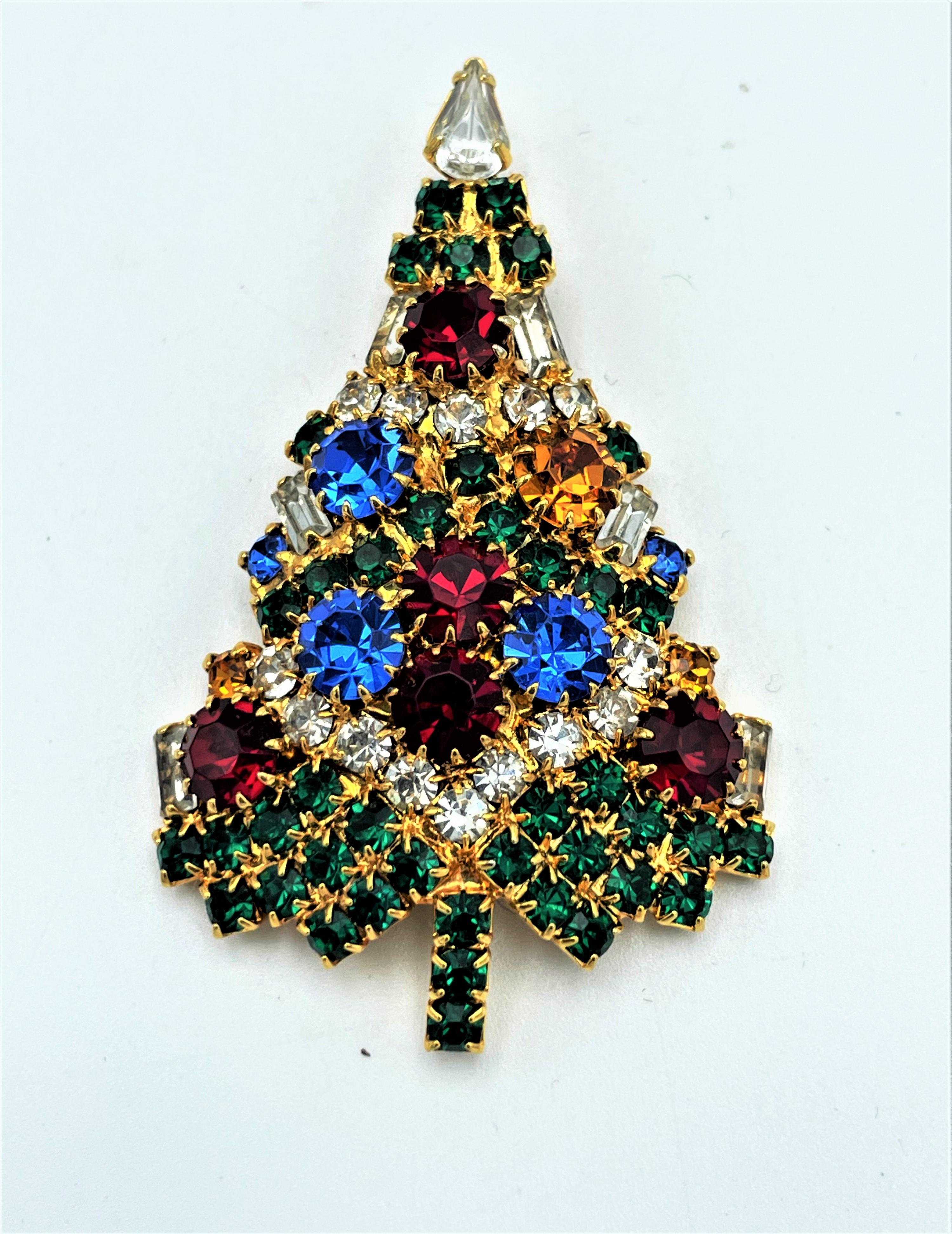 Romantic Christmas tree brooch by Eisenberg USA , rhinestones prong set, gold plated 1992s