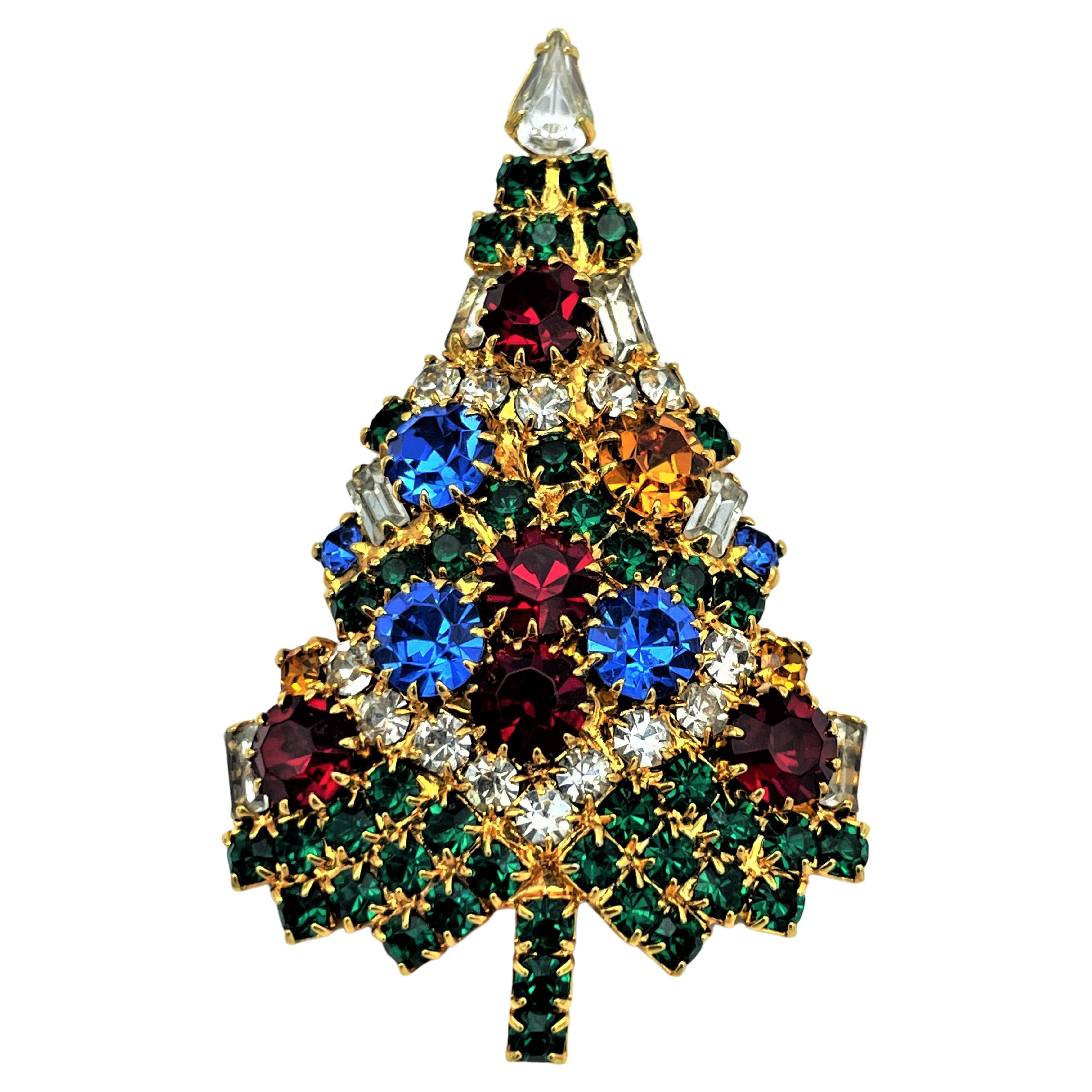 Christmas tree brooch by Eisenberg USA , rhinestones prong set, gold plated 1992s