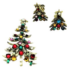 Christmas tree brooch with matching clip-on earring by Hollycraft USA 1960s
